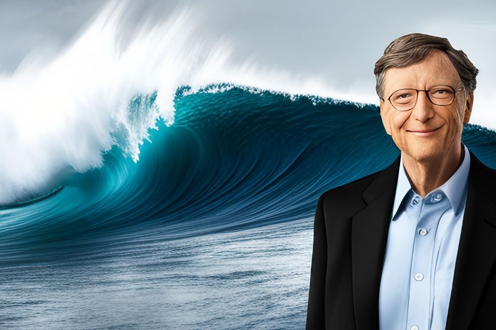 Bill Gates na frente de uma grande onda